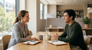 Gestor praticando escuta ativa em conversa individual com colaborador