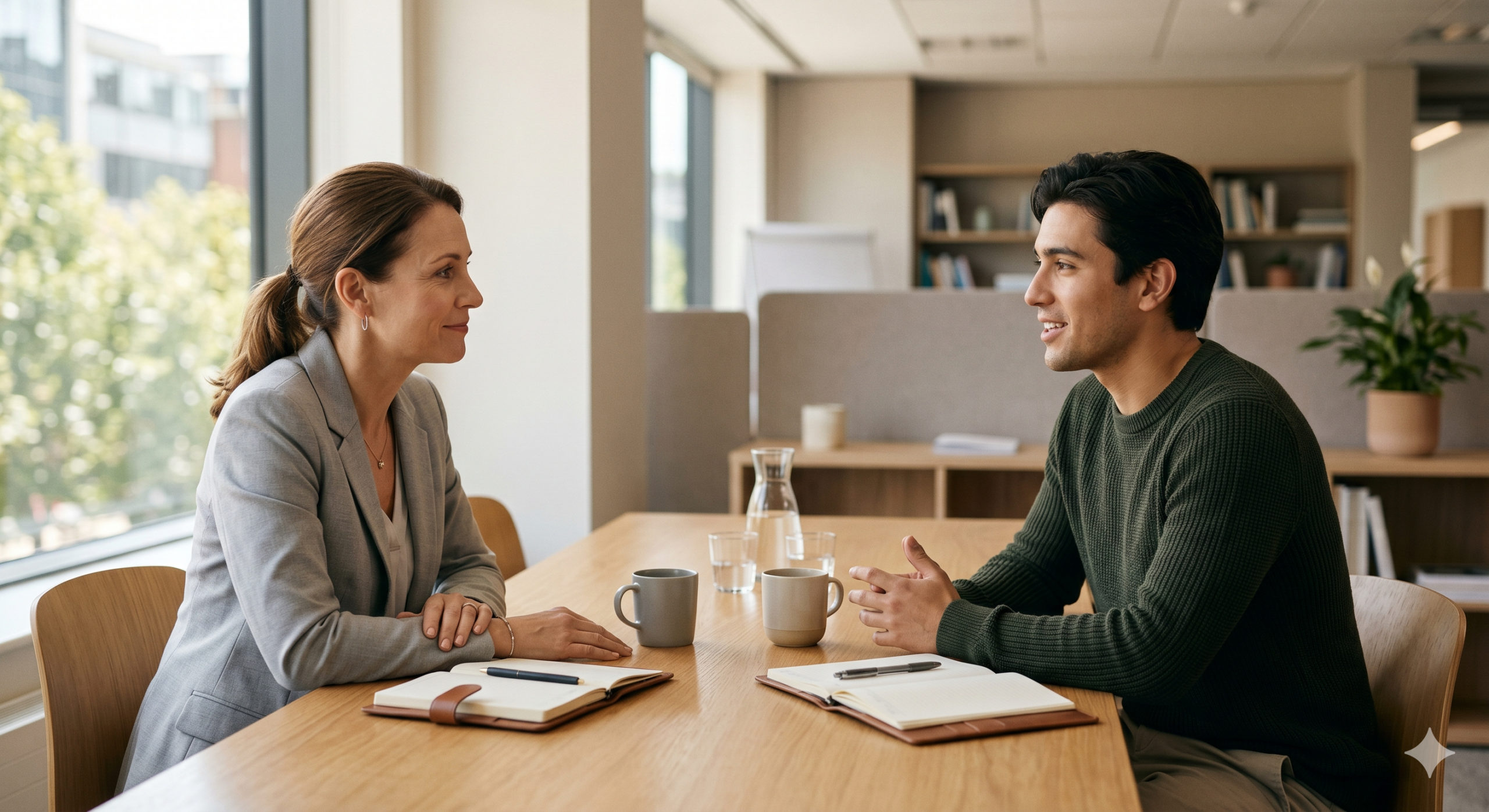 Gestor praticando escuta ativa em conversa individual com colaborador